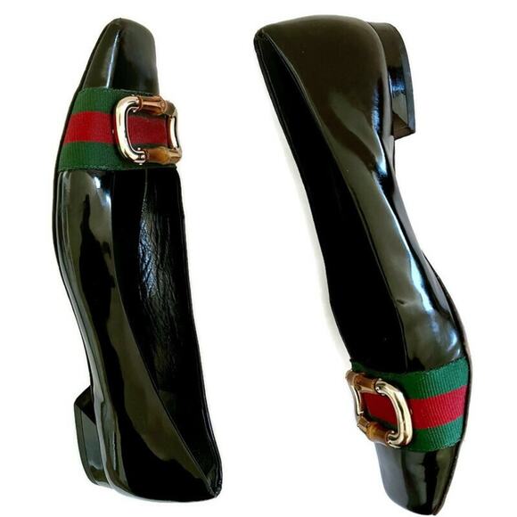 Gucci Patent Leather Signature Web Bamboo Buckle Loafers - Picture 1 of 9